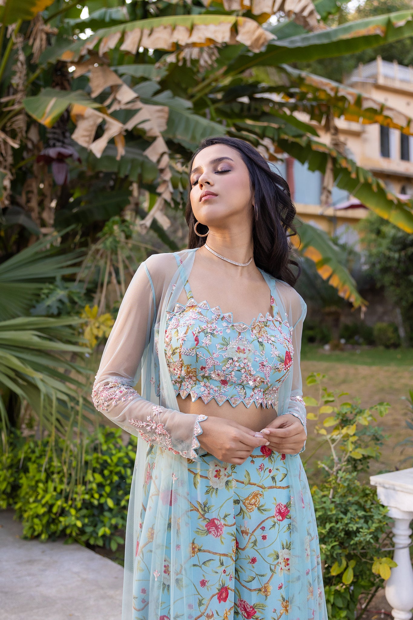 Light Blue Floral Georgette Hand Embroidered Jacket Set image 3