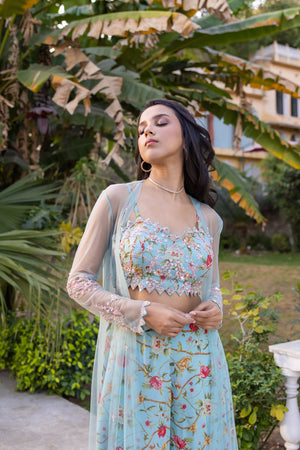 Light Blue Floral Georgette Hand Embroidered Jacket Set image 3