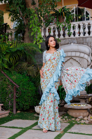 Baby Blue Pre-Drape Georgette Saree image 2