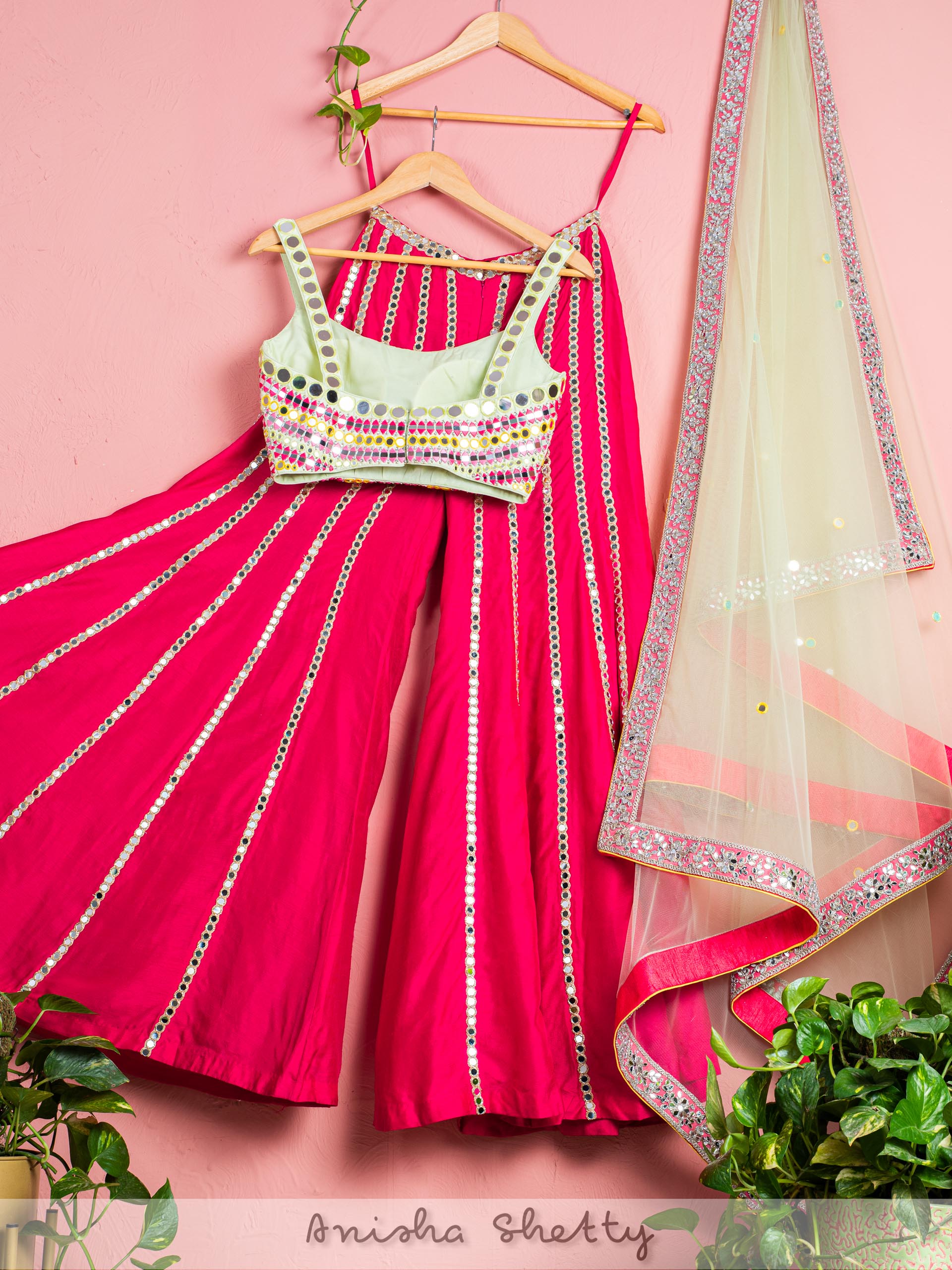 Hot Pink Mirror Sharara Set With Green Chantily Mirror Blouse image 1