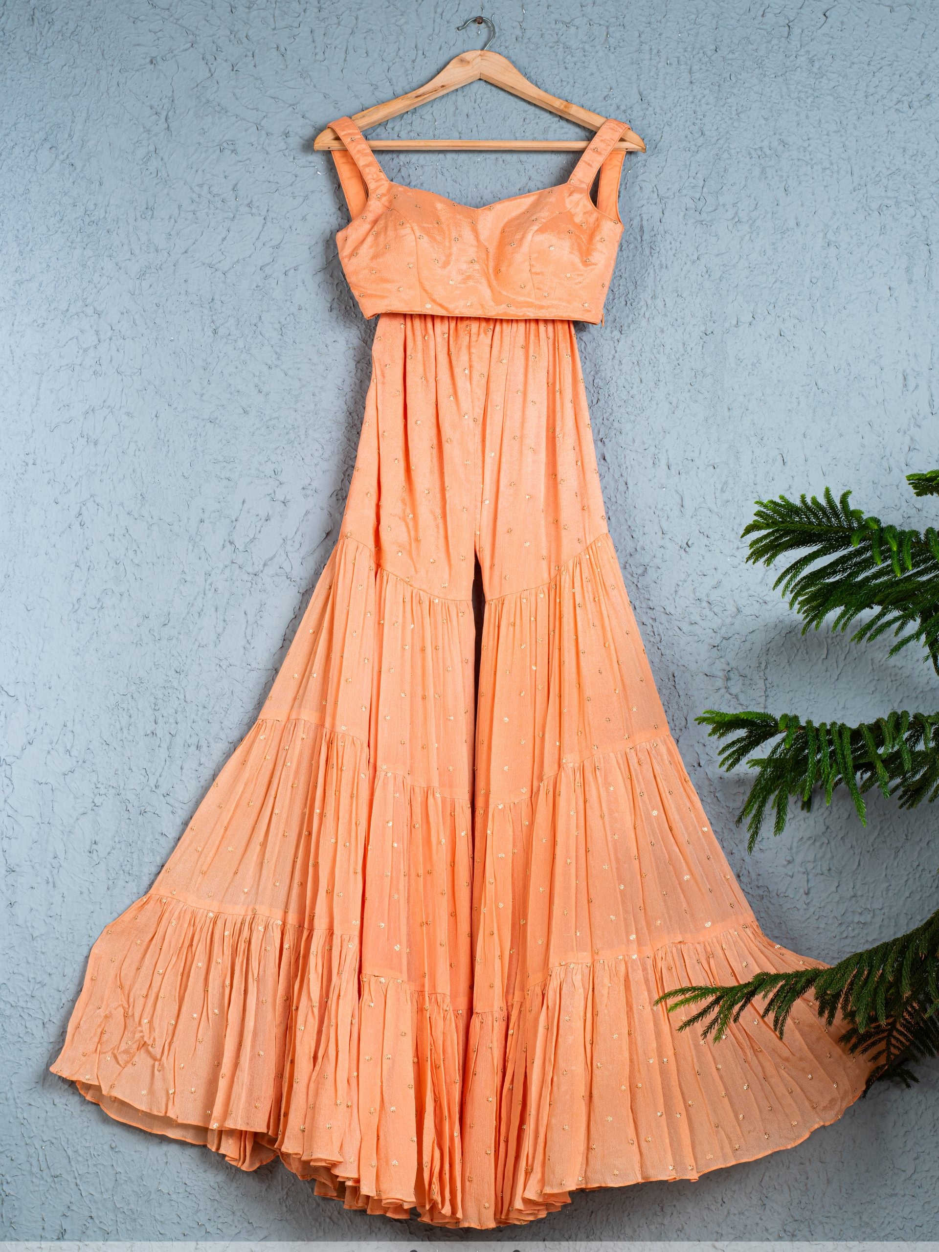 Coral Peach Sharara Set With Multi color Threadwork Jacket image 1