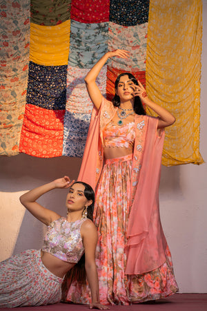 Coral Pink Embroidered And Printed Lehenga Set image 3