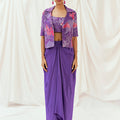 Violet Printed Embroidered Drape Skirt Set with Jacket image 0