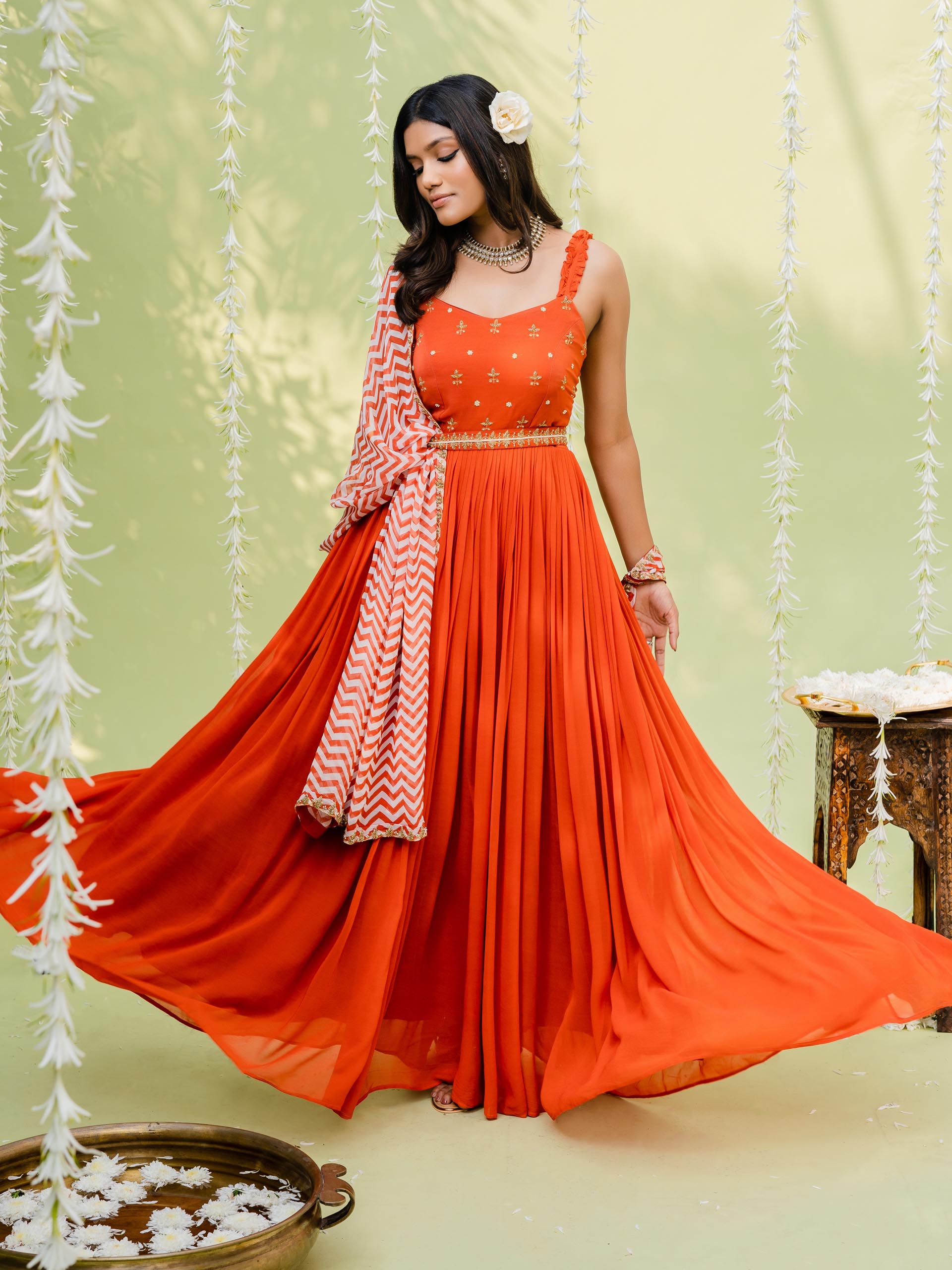 Red Orange Anarkali Set with Contrast Dupatta image 0