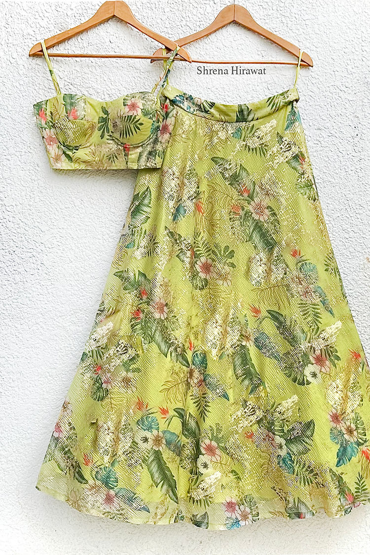 Lime Green Bustier and Lehenga in Mystic Florals with Metallic Gold image 3