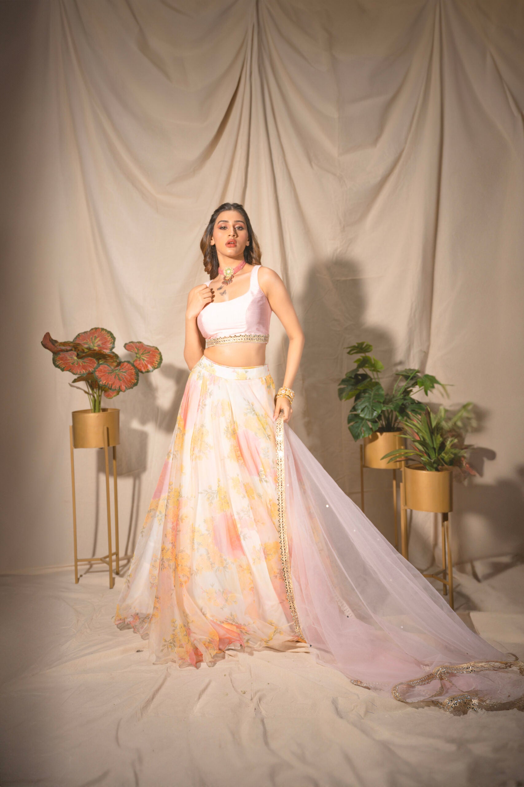 Offwhite &amp; Peach Organaza Lehenga Set - S image