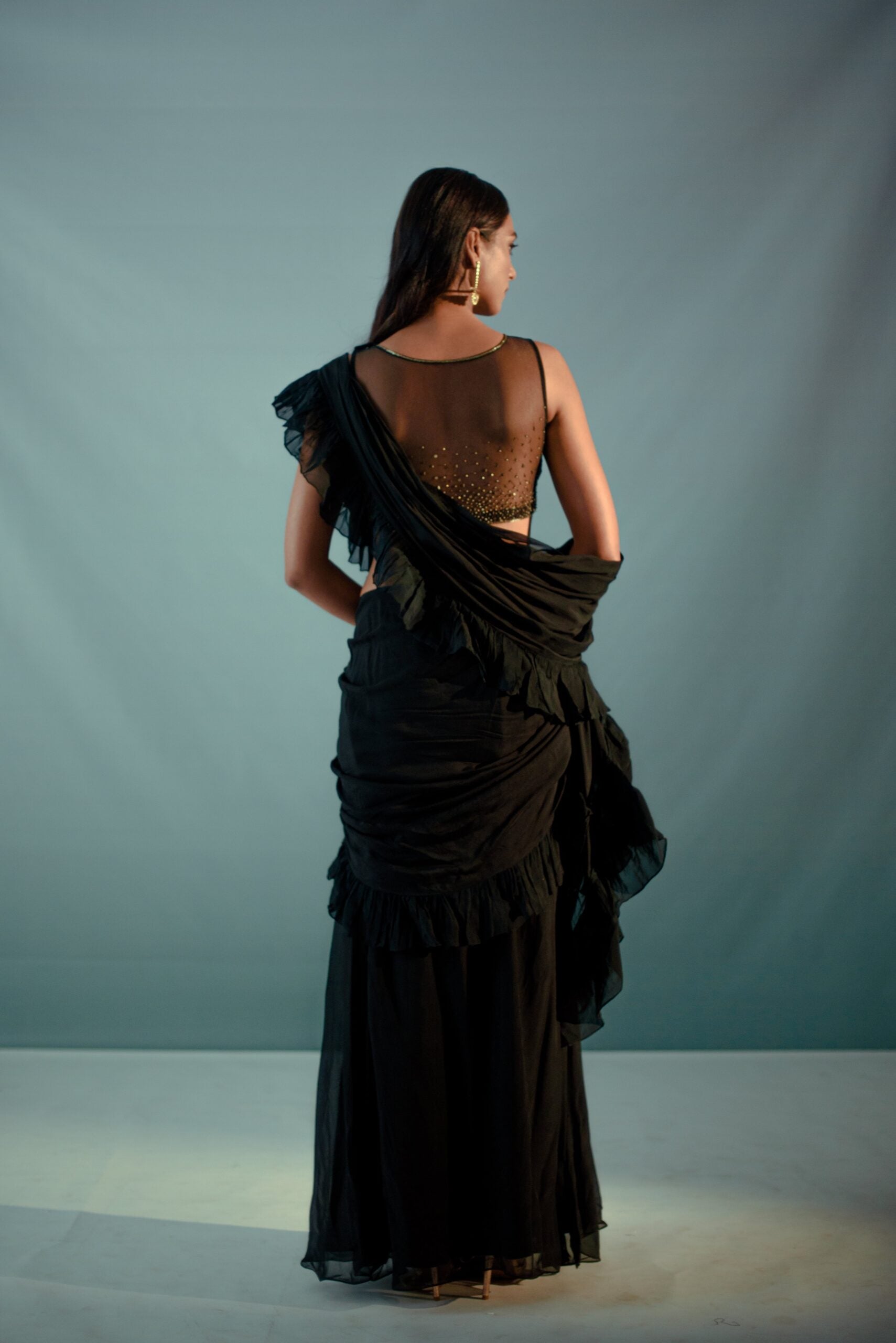 Black Feather Details Saree Set image 7