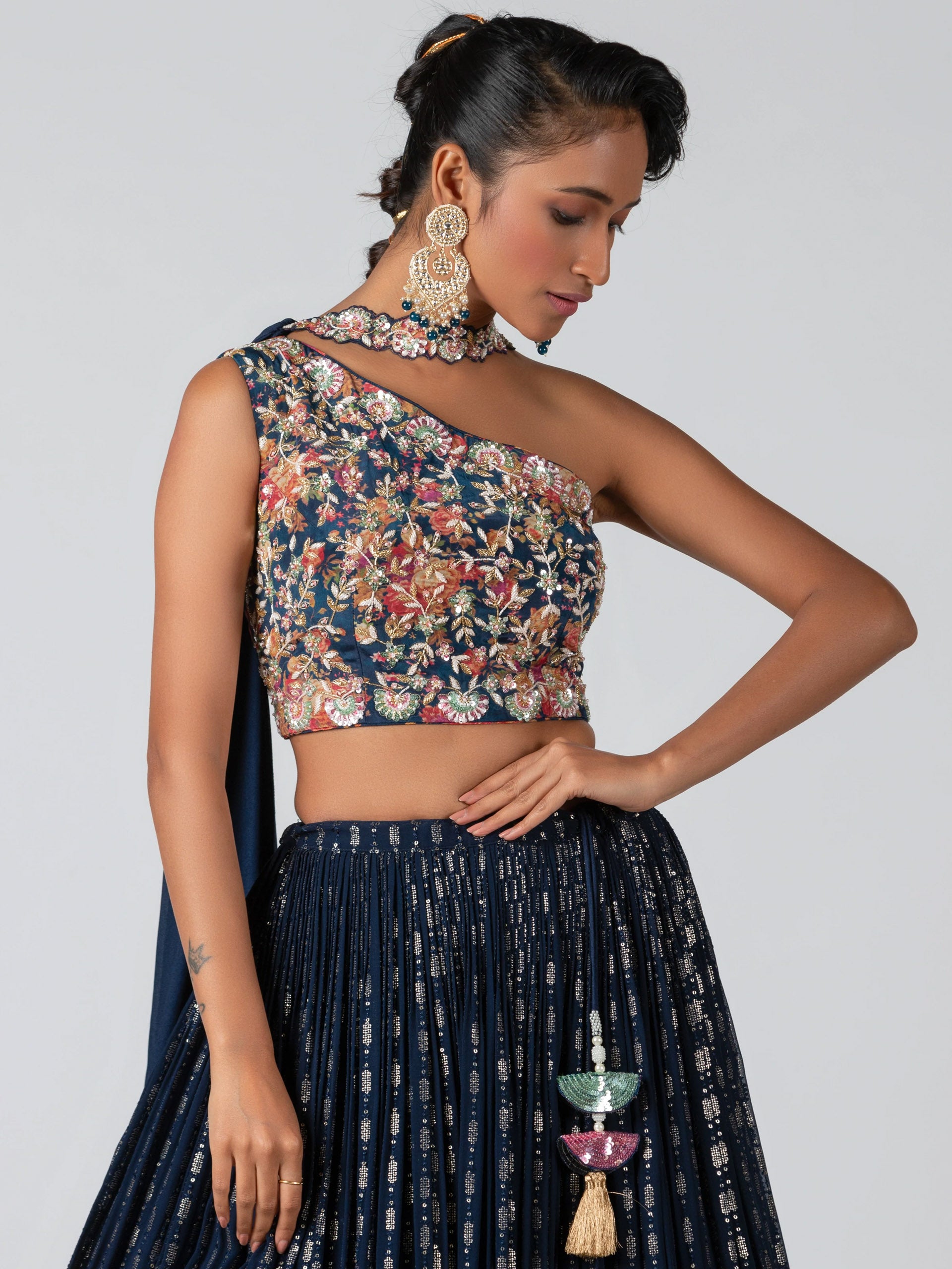 Midnight Blue One Shoulder Lehenga Set image 3