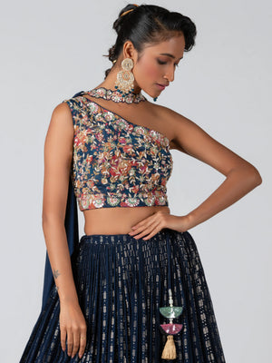 Midnight Blue One Shoulder Lehenga Set image 3