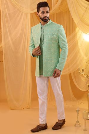 Mint Green Embroidered Open Jacket Kurta Set image 5