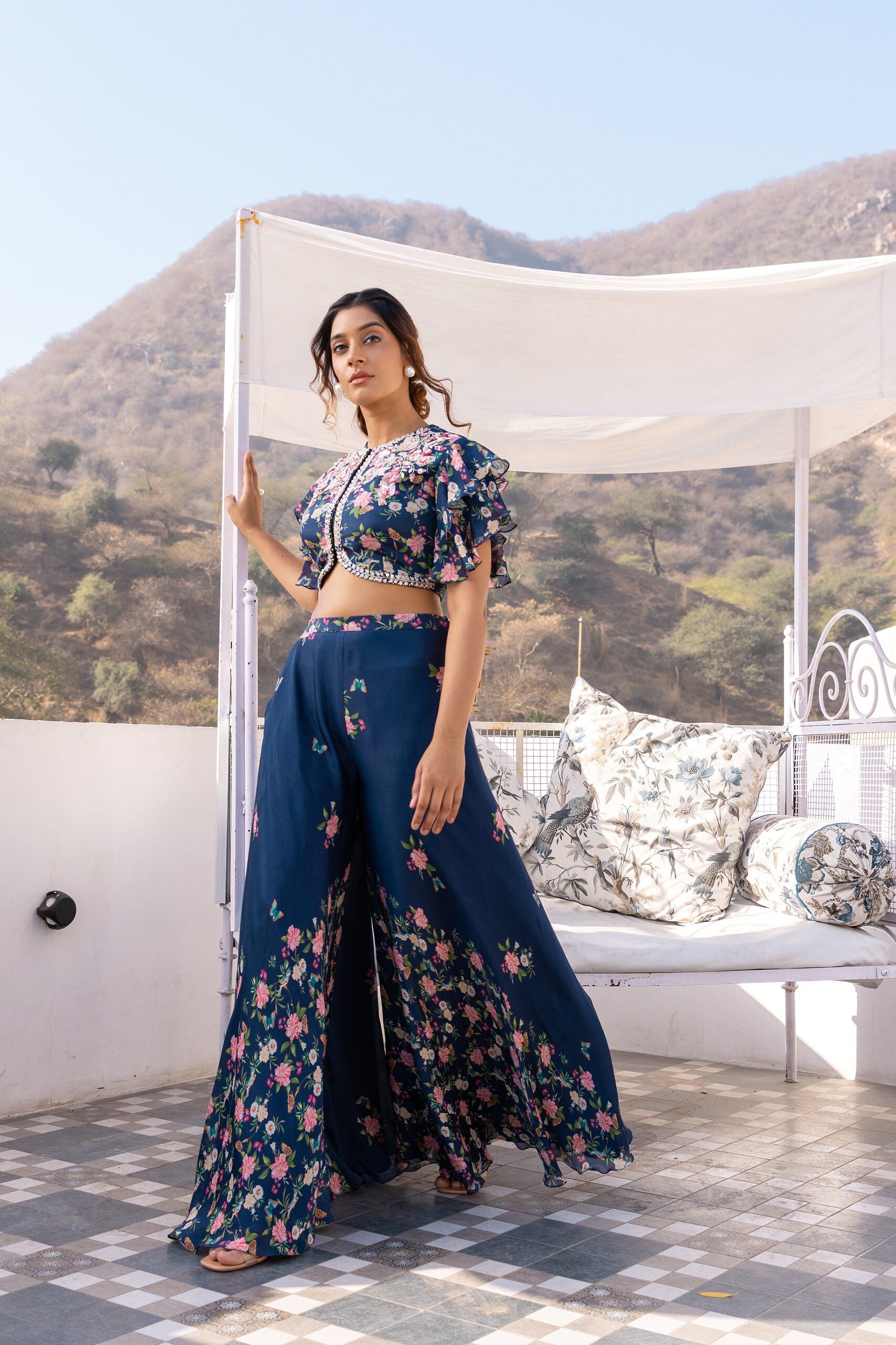 Blue Crepe Georgette Embroidered Pant Set image 4