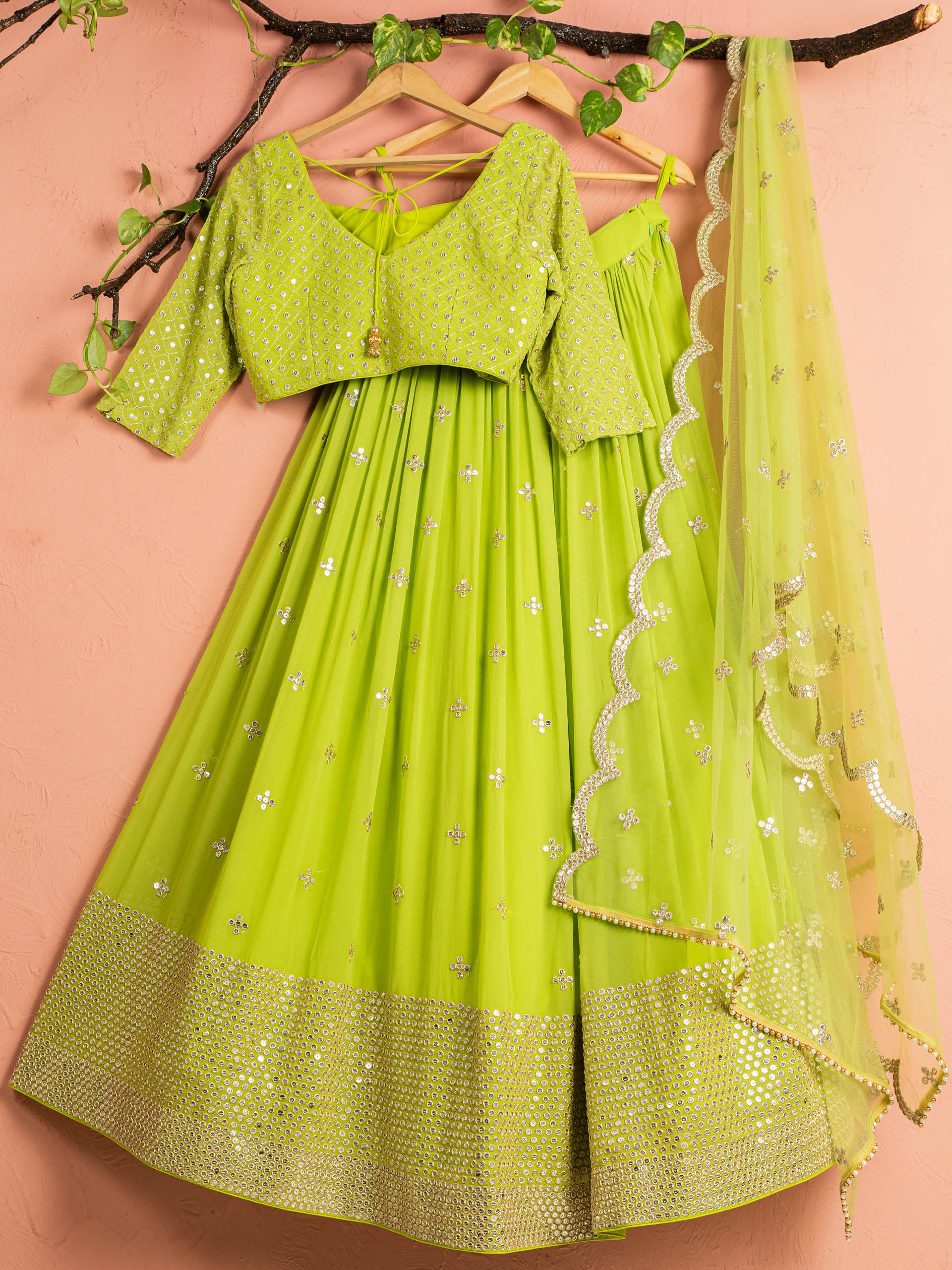 Lime Green Shimmer Lehenga Set image 1
