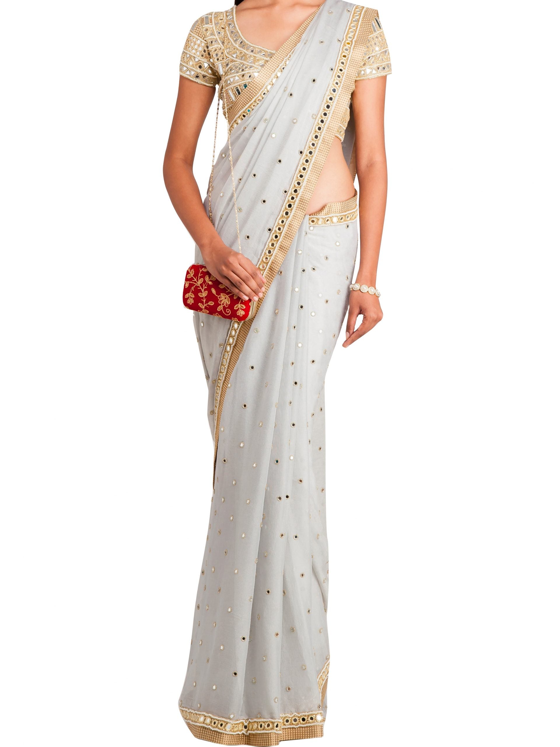 Shimmer Gray Mirror Work Saree with Blouse image 0
