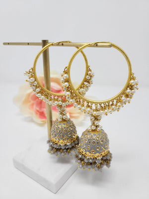 Meenakari Jhumka Hoop Earrings - Gray image