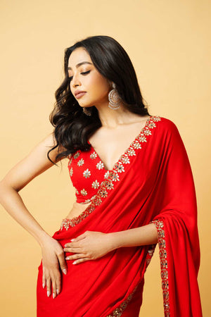 Red Modal Satin Saree image 4