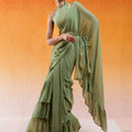 Pista Green Embroidered Drape Saree Set with Belt image 0