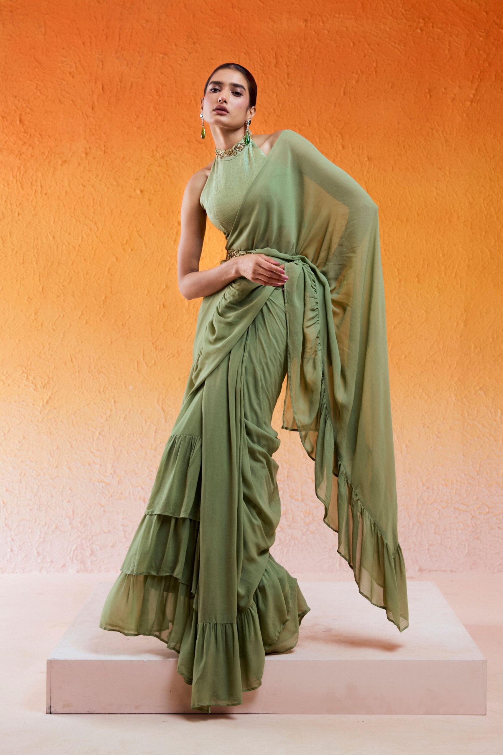 Pista Green Embroidered Drape Saree Set with Belt image 0