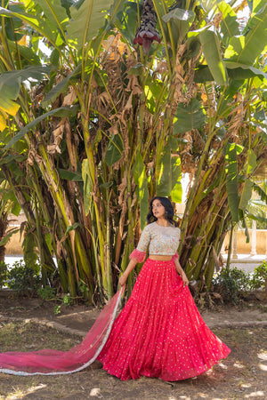 Coral Flair Sleeve Georgette &amp; Net Embroidered Lehenga Set image 11