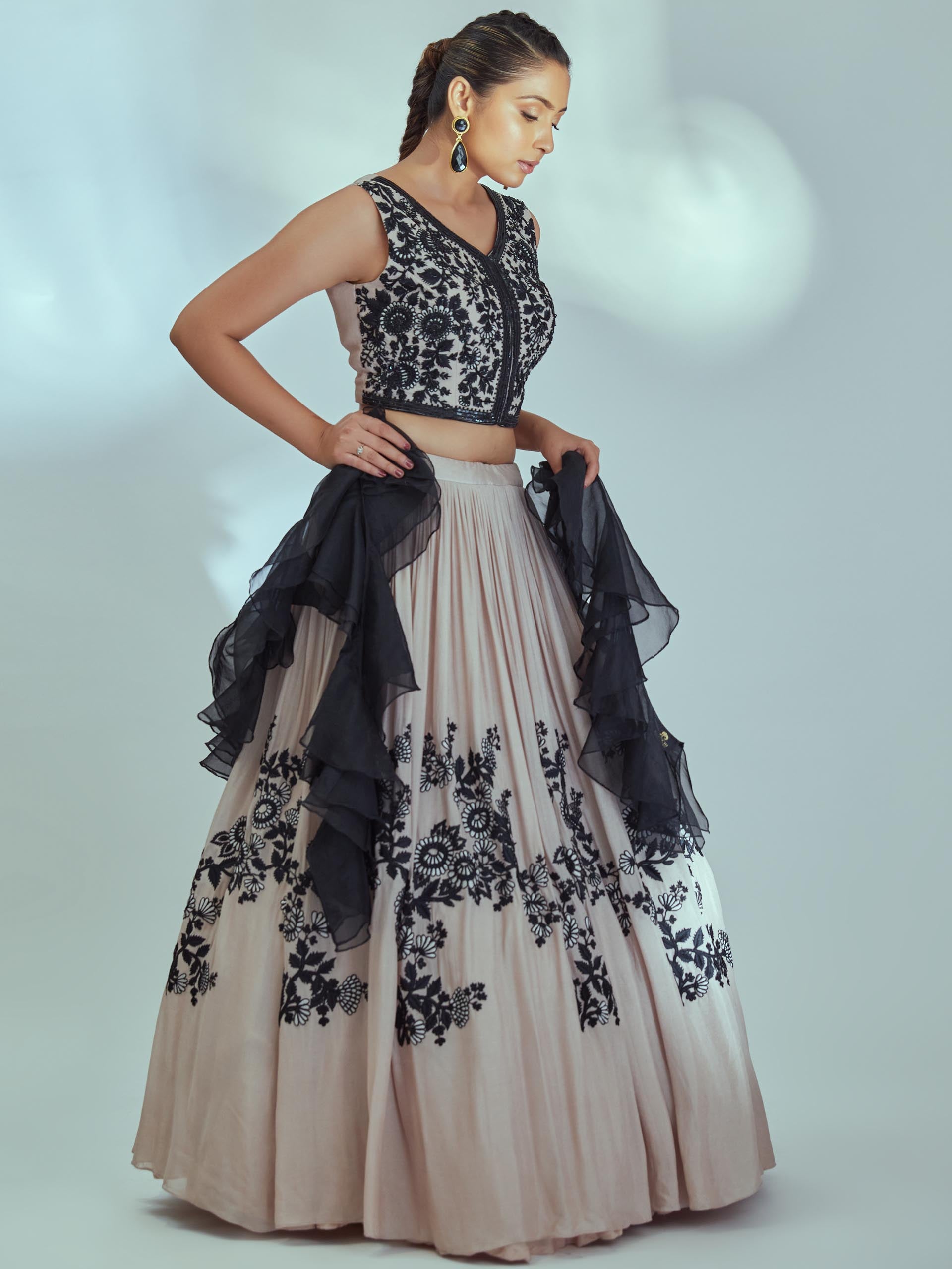 Nude and Black Embroidered Lehenga Set image 2