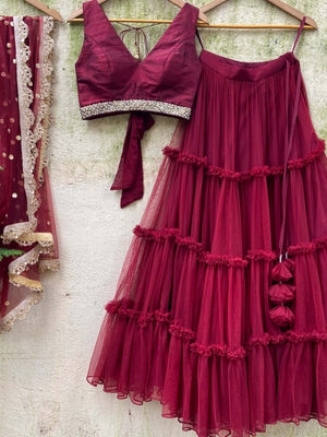 Burgundy Tier Ruffle Lehenga Set - M image