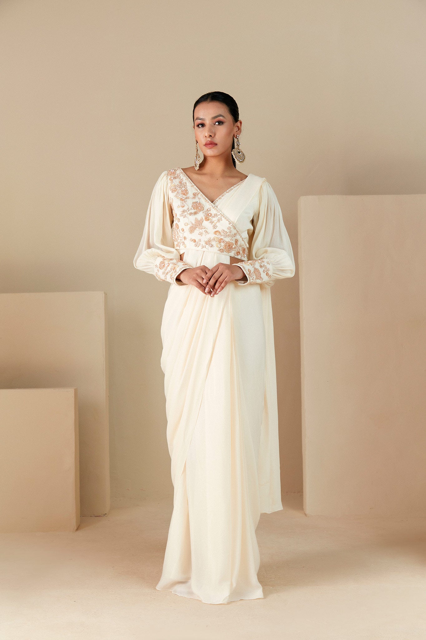 Off-White Ruffle Saree image 6