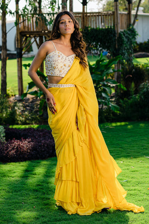 Yellow Embroidered Drape Saree Set with Belt - Custom image