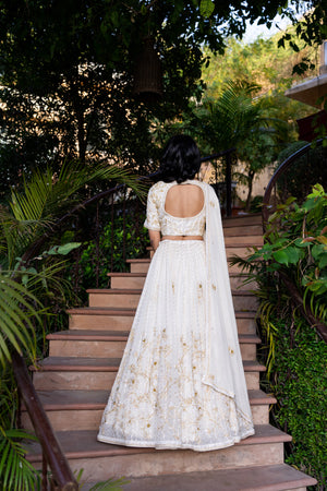 Off-White Georgette Crepe Pearl Embroidered Lehenga Set image 4
