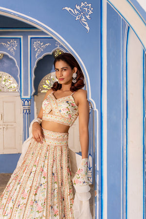 Off-White Georgette &amp; Organza Embroidered Lehenga Set image 3