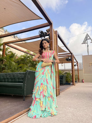 Sea Blue Ruffle Georgette Saree Set image 4