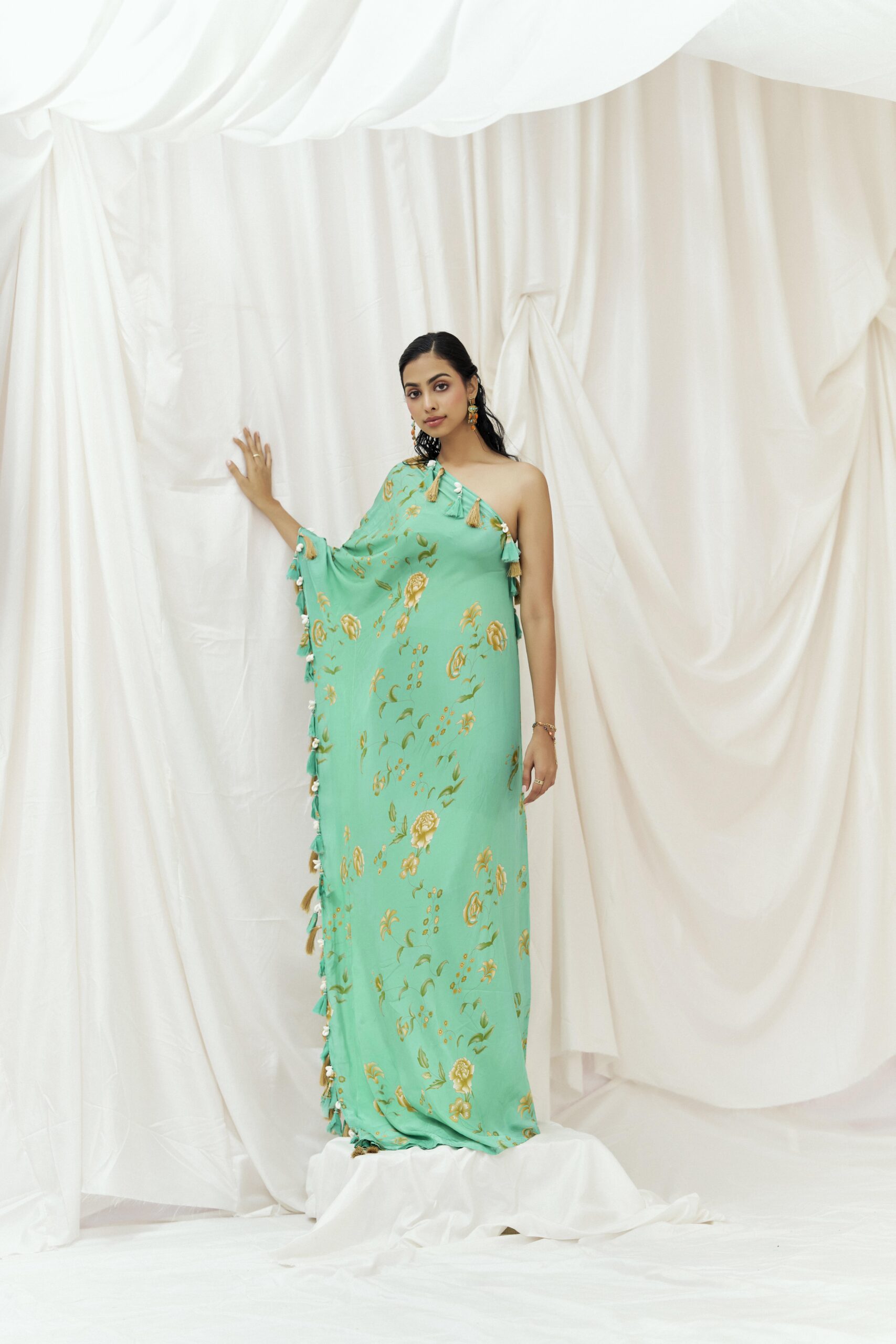 Turquoise Blue Printed Beaded Kaftan image 5