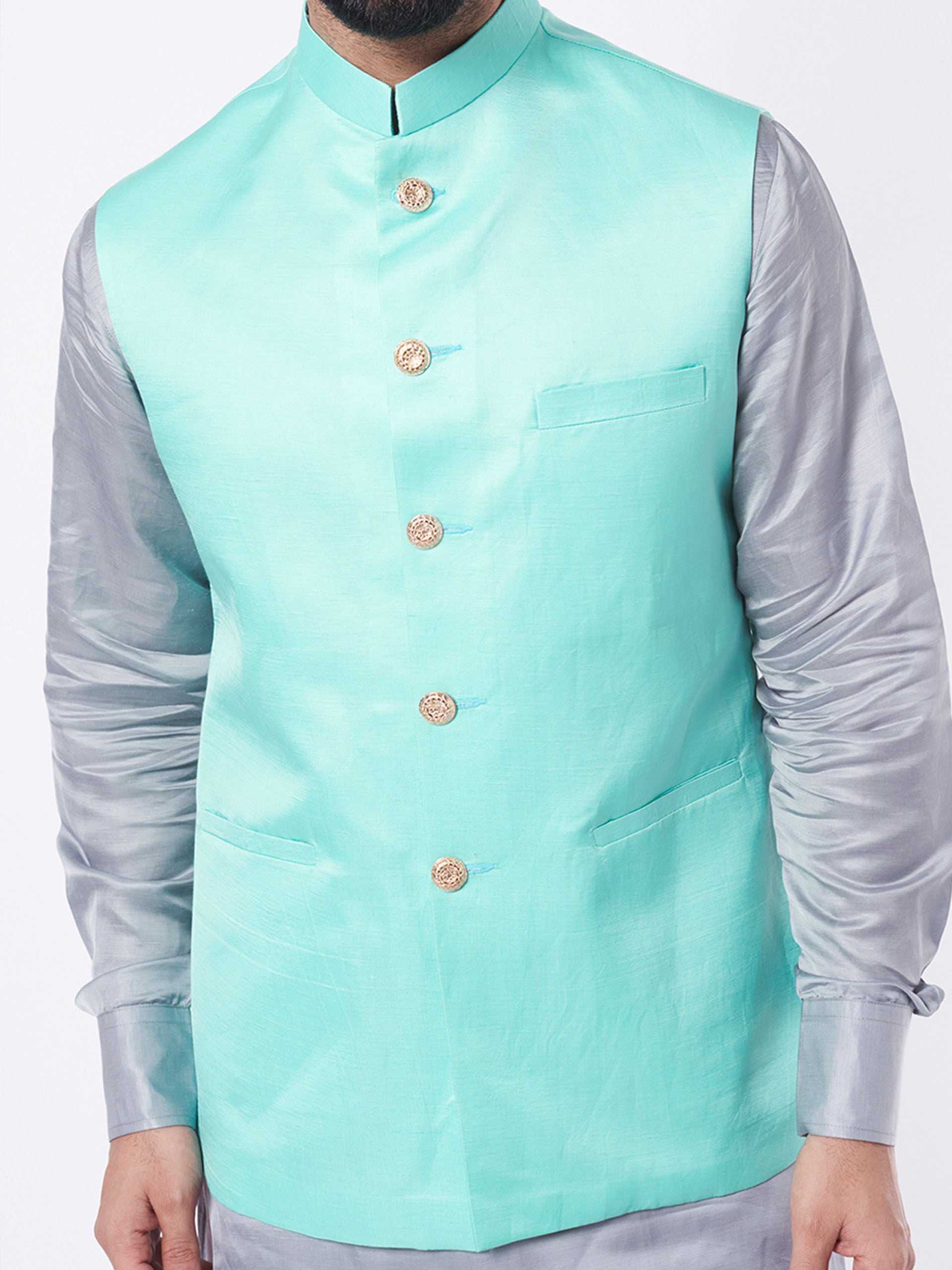 Turquoise Bundi Jacket With Grey Kurta Set image 1