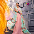 Pastel Pink Saree With Cape And Bustier In Teal Blue image 0