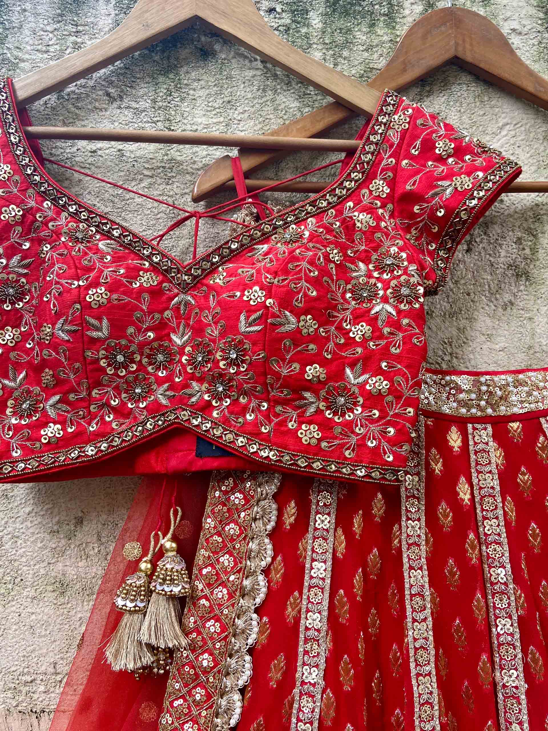 Red Bridal Sharmily Embroidered Lehenga Set image 5