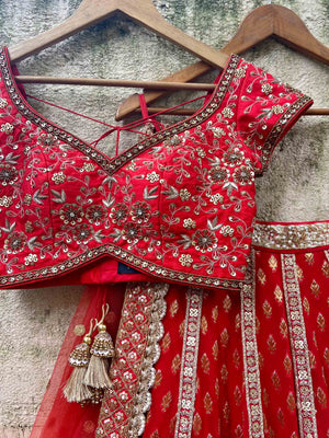 Red Bridal Sharmily Embroidered Lehenga Set image 5