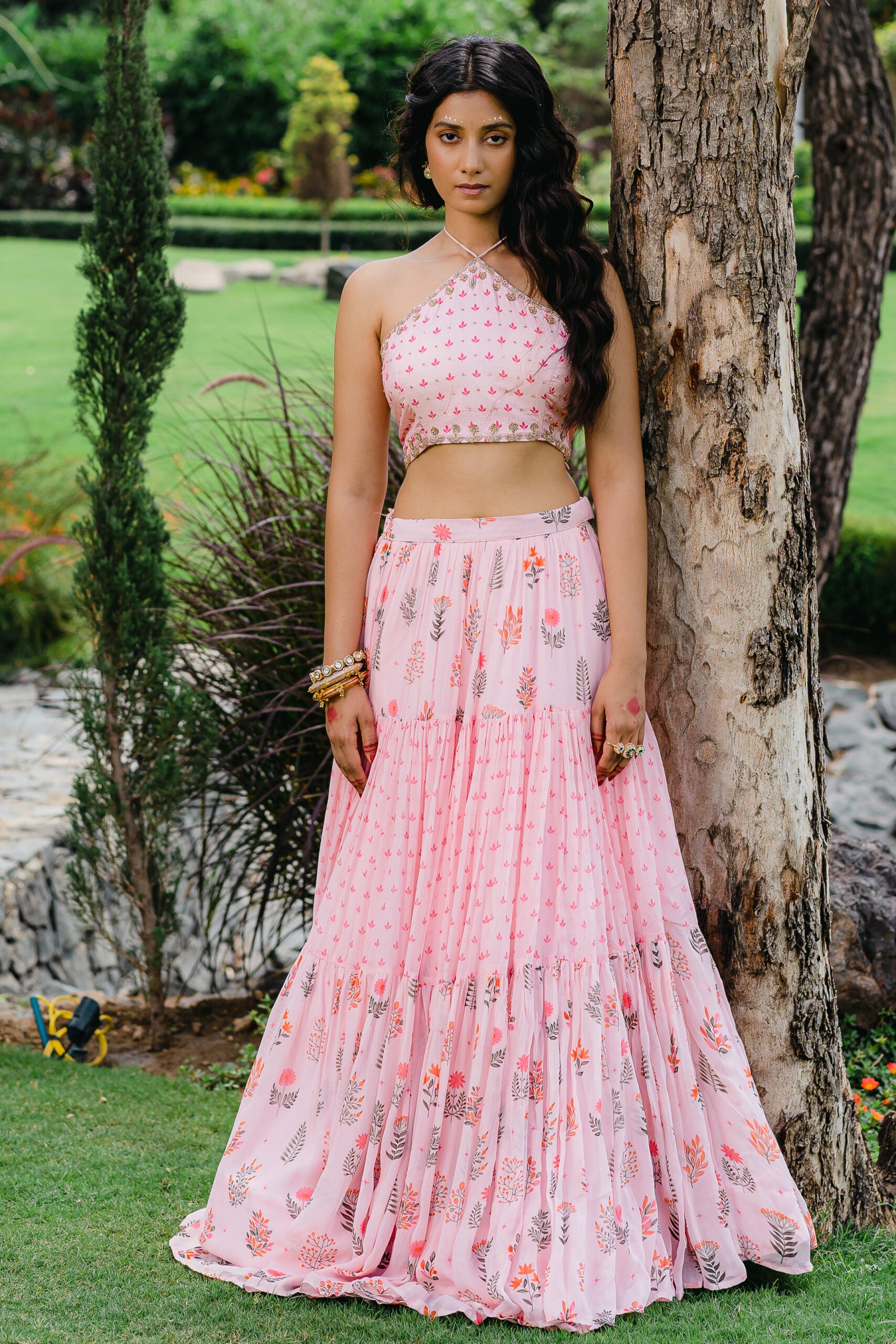 Blush Pink Floral Embroidered Crop-Top and Flared Skirt Set image 0