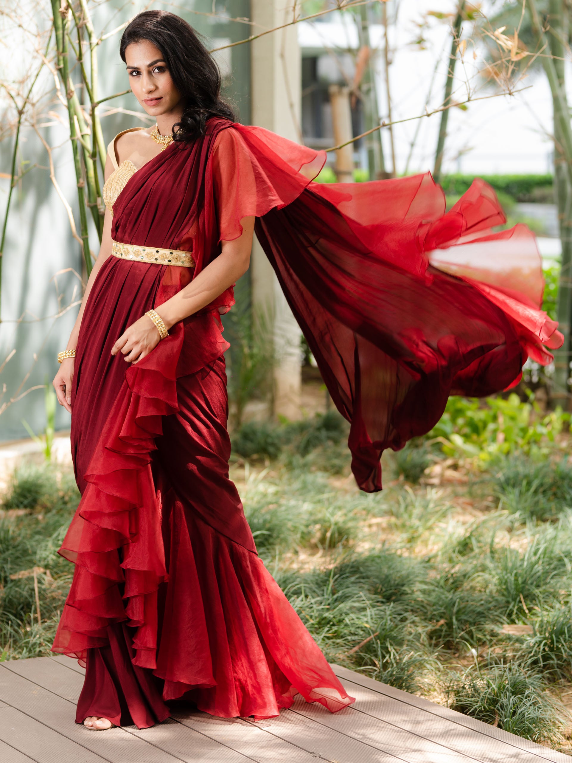 Maroon and Gold Lasha Saree Set image 0
