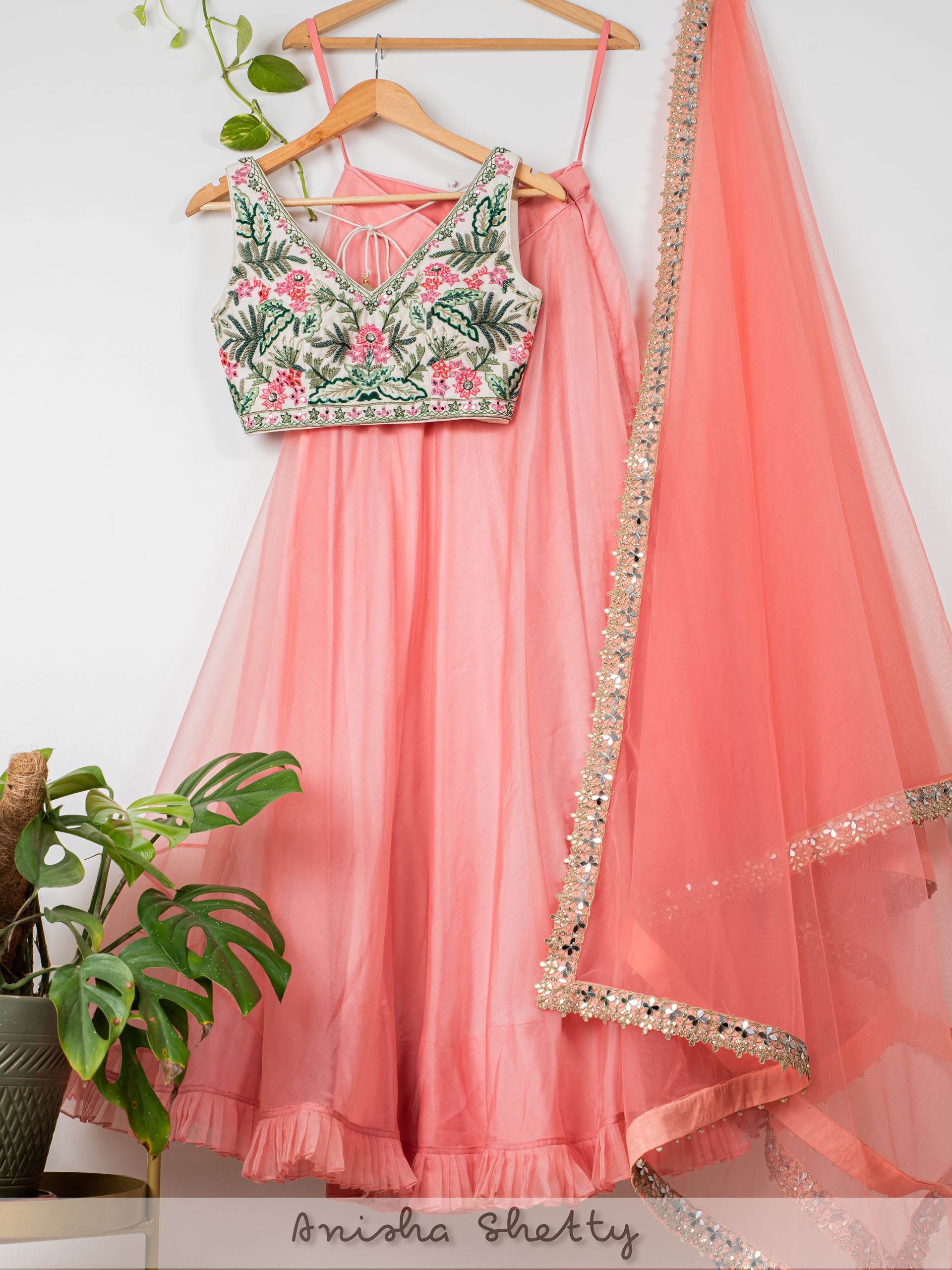 Watermelon Pink Tropical Lehenga Set image 0