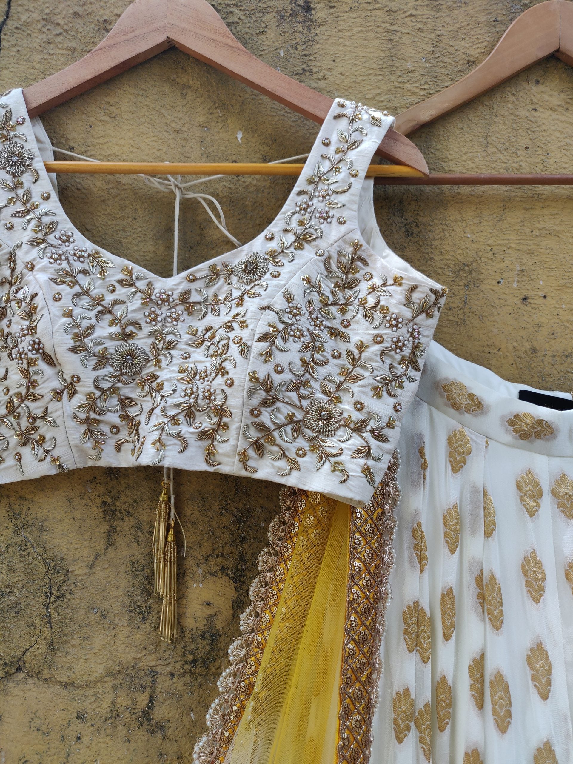 Ivory Butti Georgette Lehenga Set with Yellow Shaded Dupatta image 3