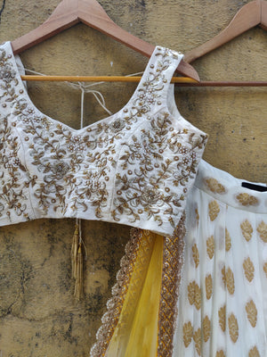 Ivory Butti Georgette Lehenga Set with Yellow Shaded Dupatta image 3