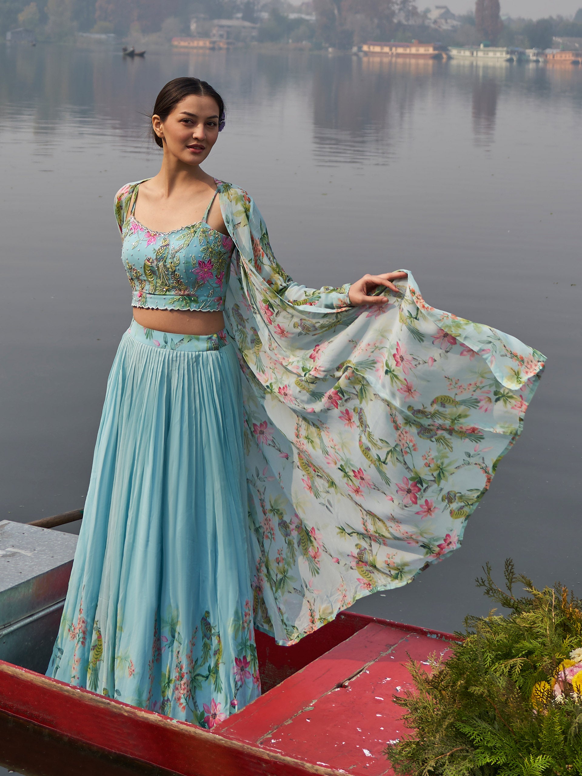Ice Blue Floral Lehenga Set - XL image