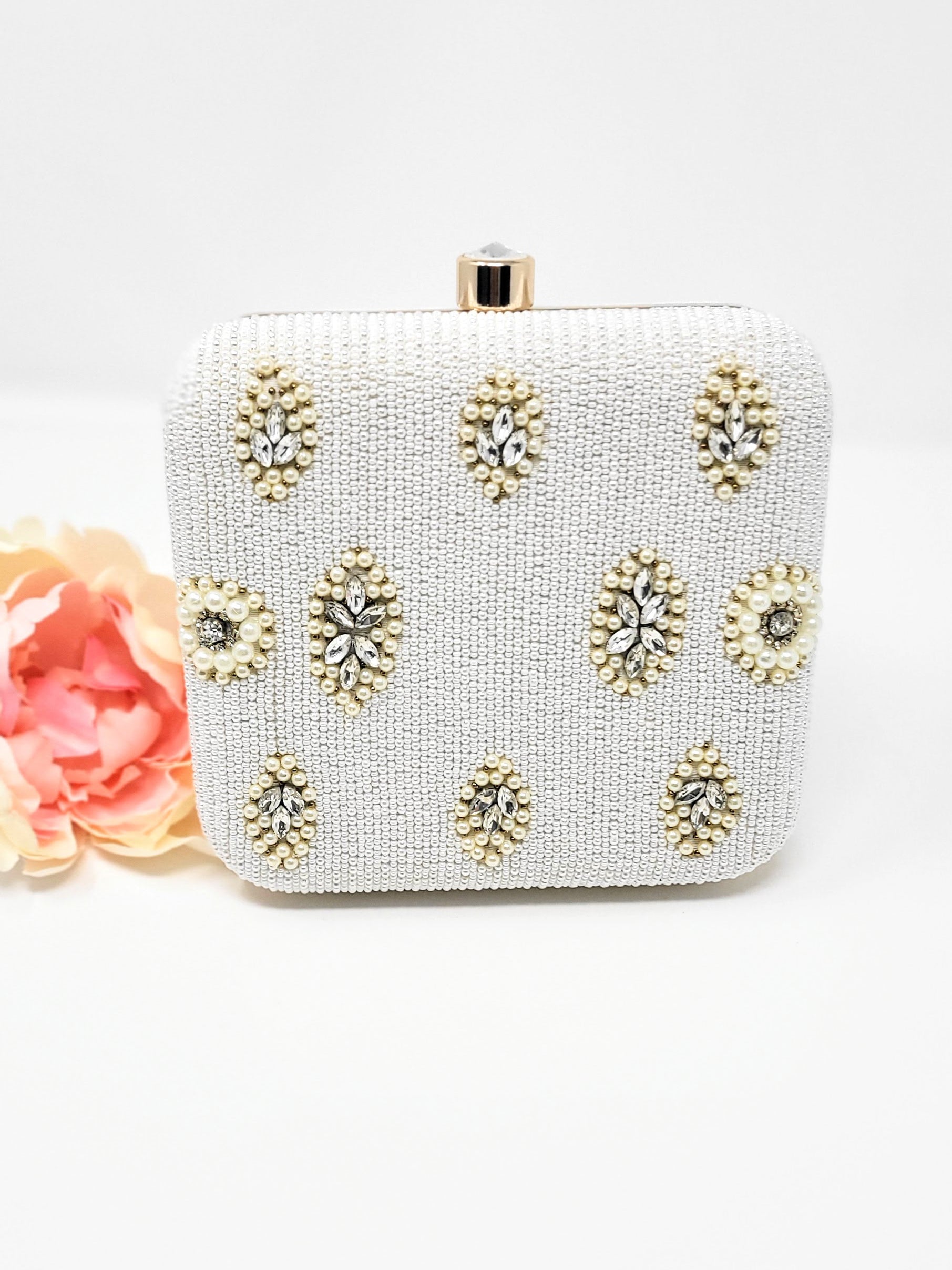 Off-White Pearl Embroidered Clutch image 3
