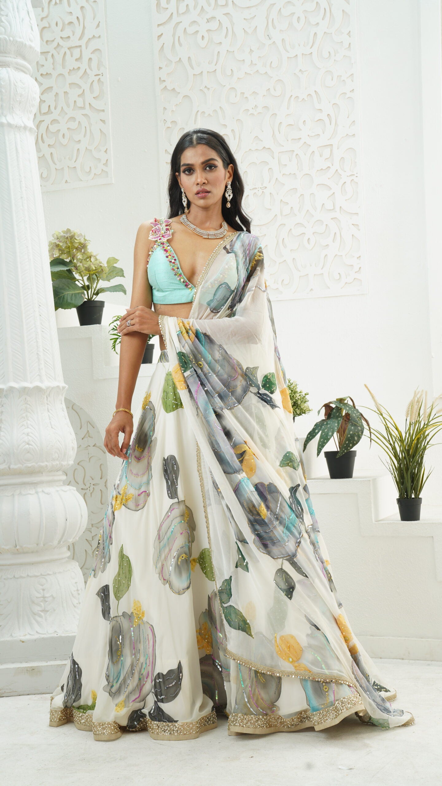 Ivory hand painted lehenga and Mint bralette blouse set image 0