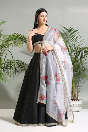 Black Raw Silk Lehenga Set With Hand Painted Dupatta image 0