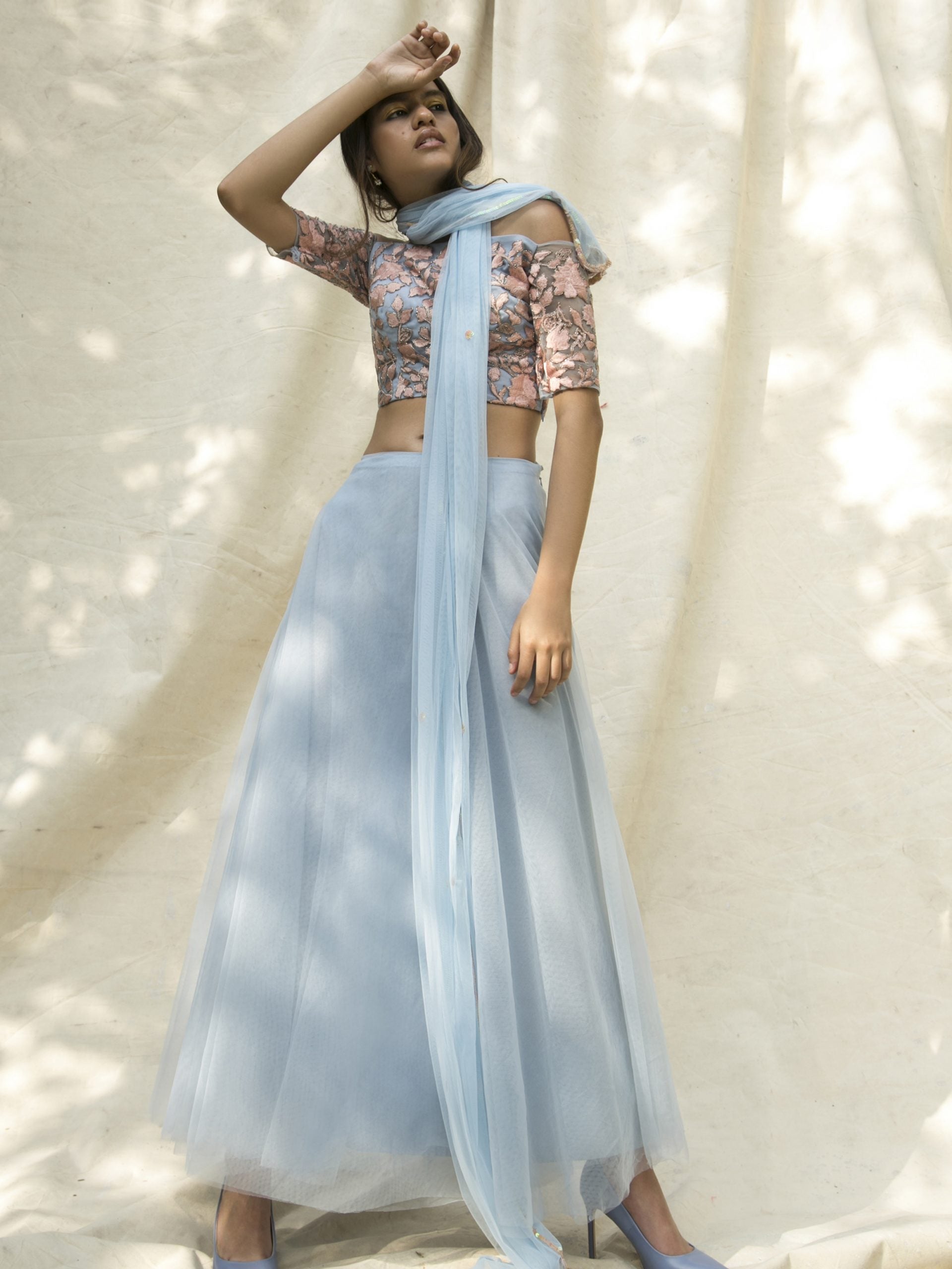 Blue Lehenga with Embroidered Off-Shoulder Blouse image 2