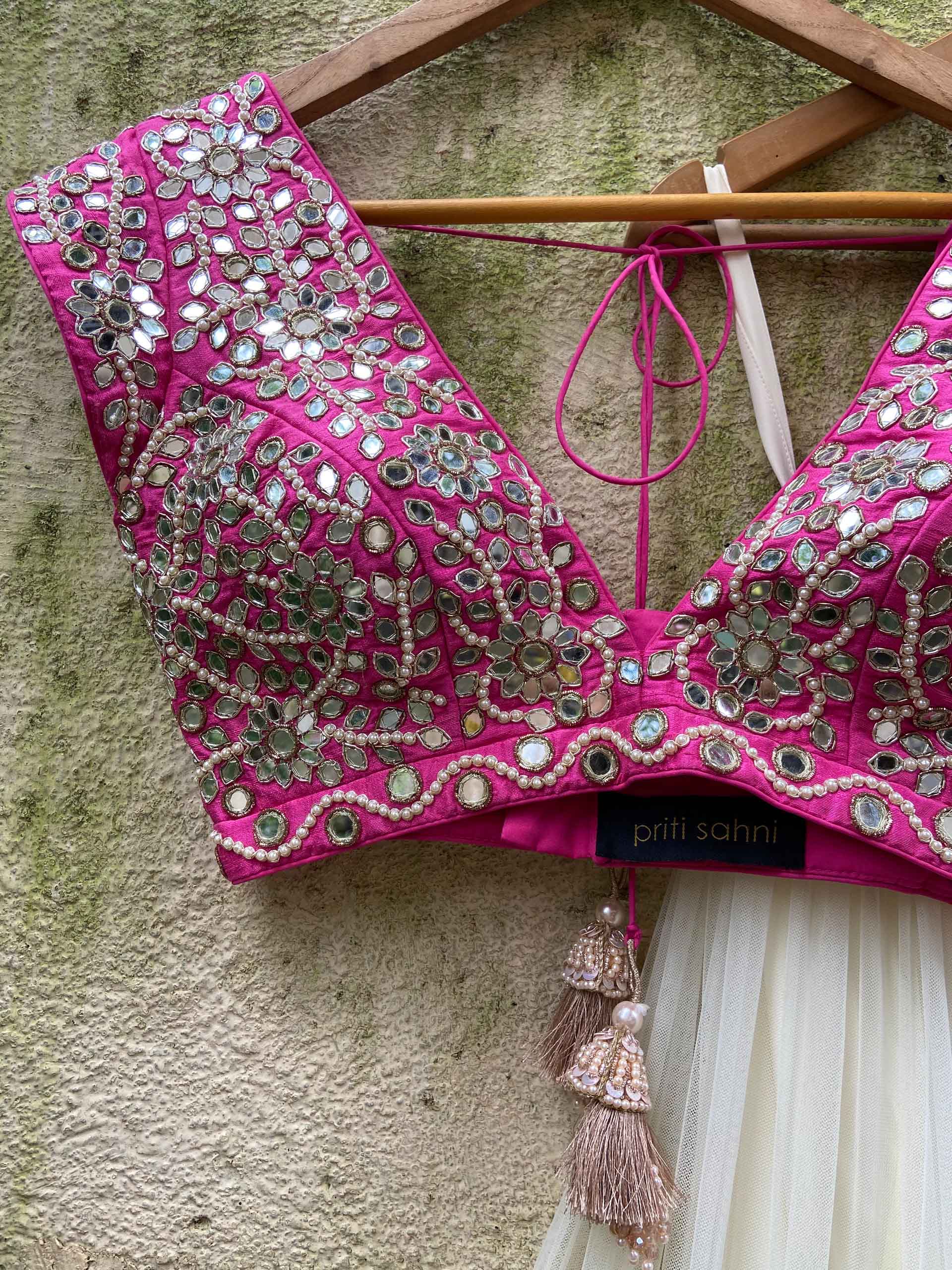 Ivory and Fuchsia Mirror Ruffle Lehenga Set image 2