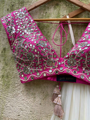 Ivory and Fuchsia Mirror Ruffle Lehenga Set image 2