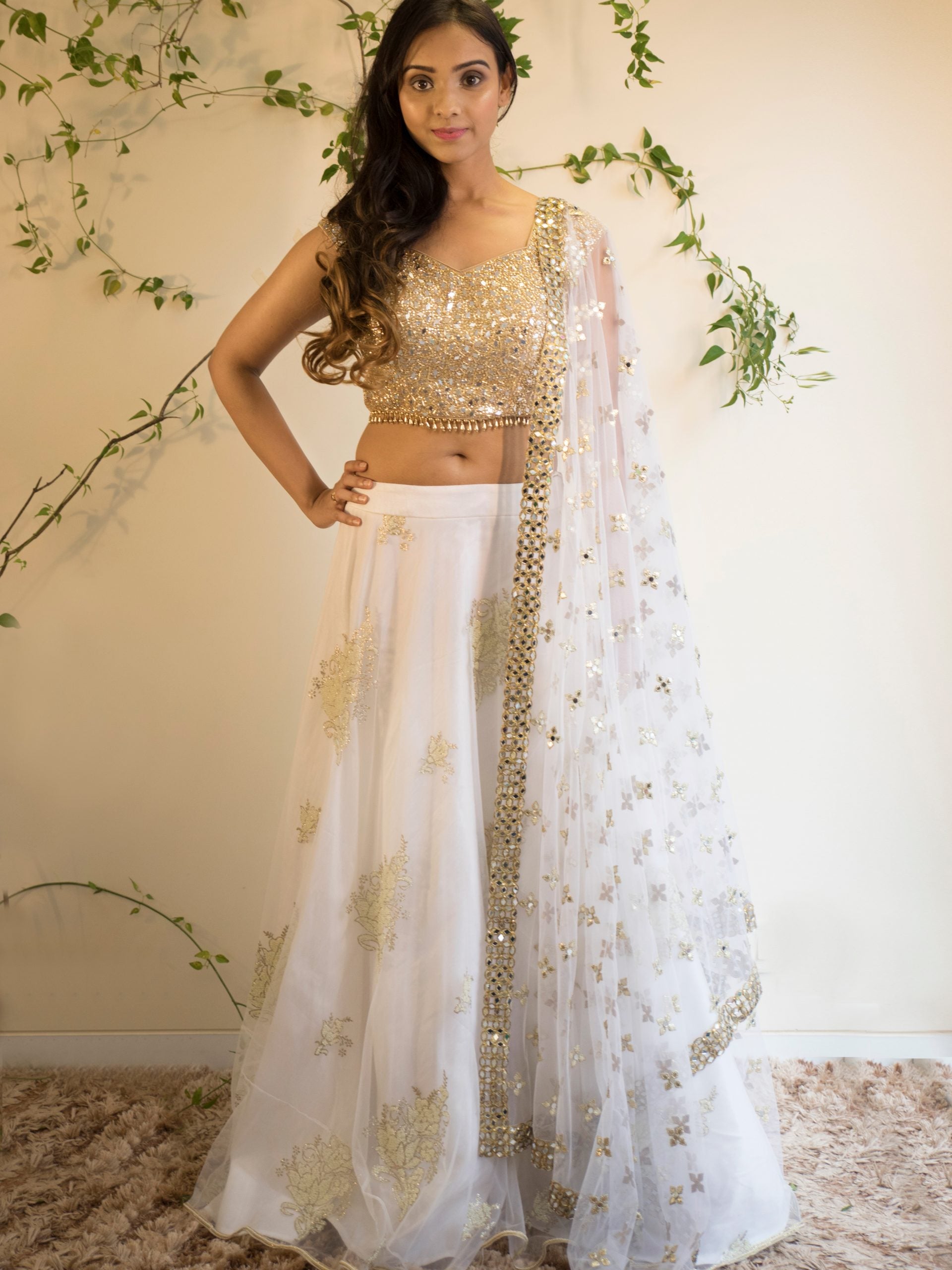 White Pearl Lehenga with Gold Mirror Work Blouse image 2
