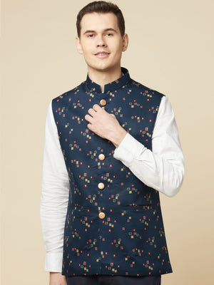 Teal Blue Print Bundi Jacket Set image 7
