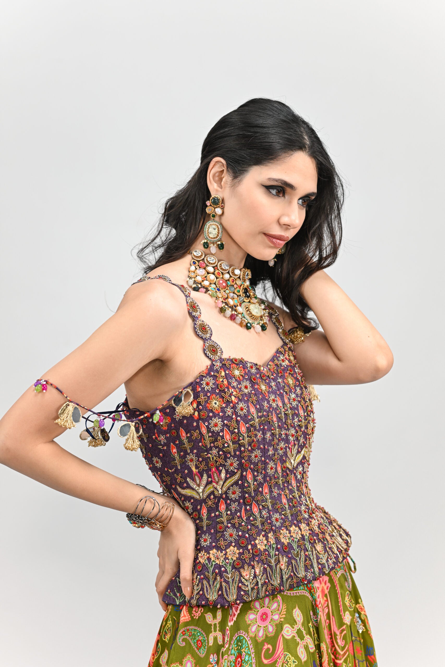 Olive Highlihted Lehenga Paired With Plum Embroidered Badla Corset (without dupatta) image 4