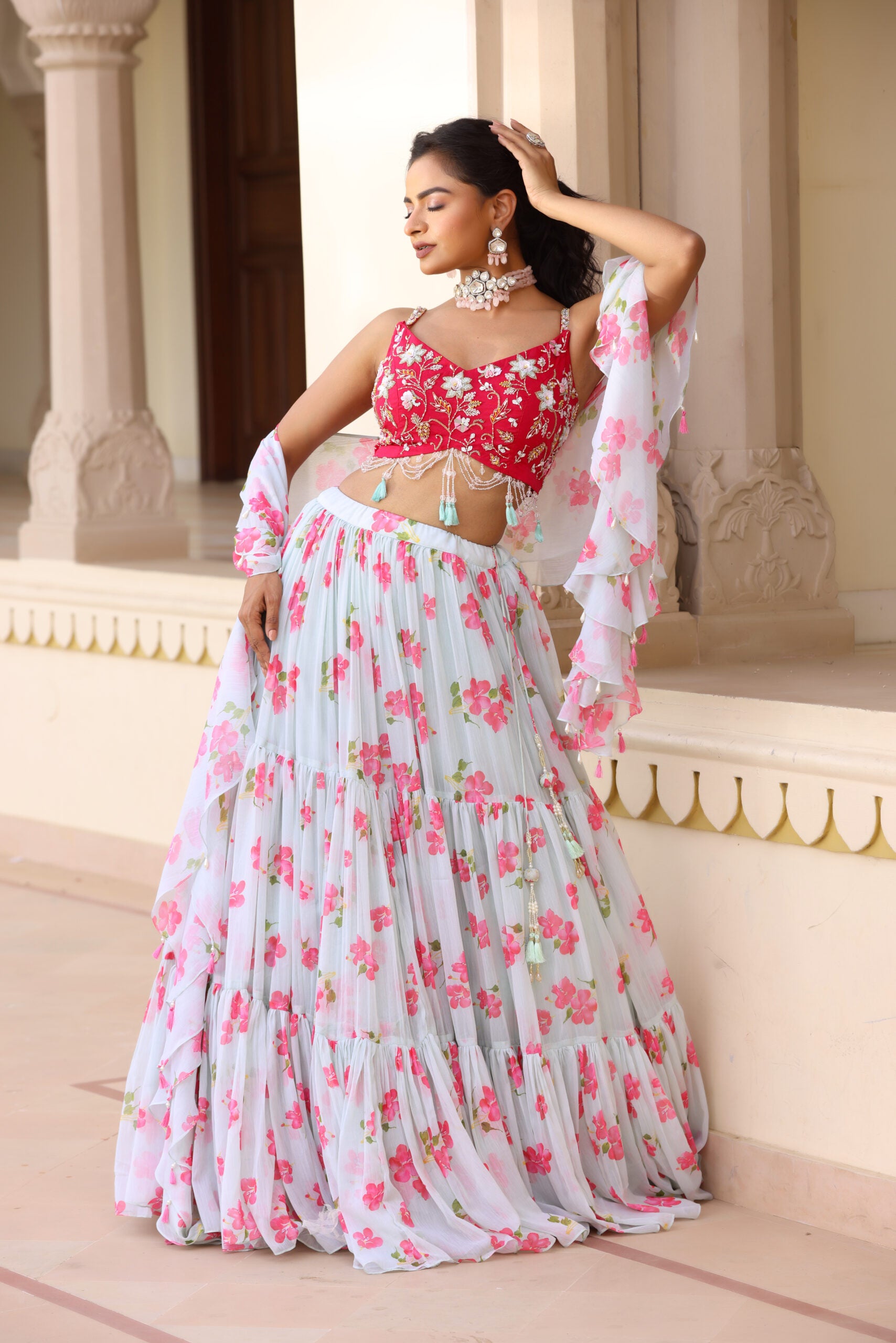 Floral Printed Three Tier Lehenga image 1